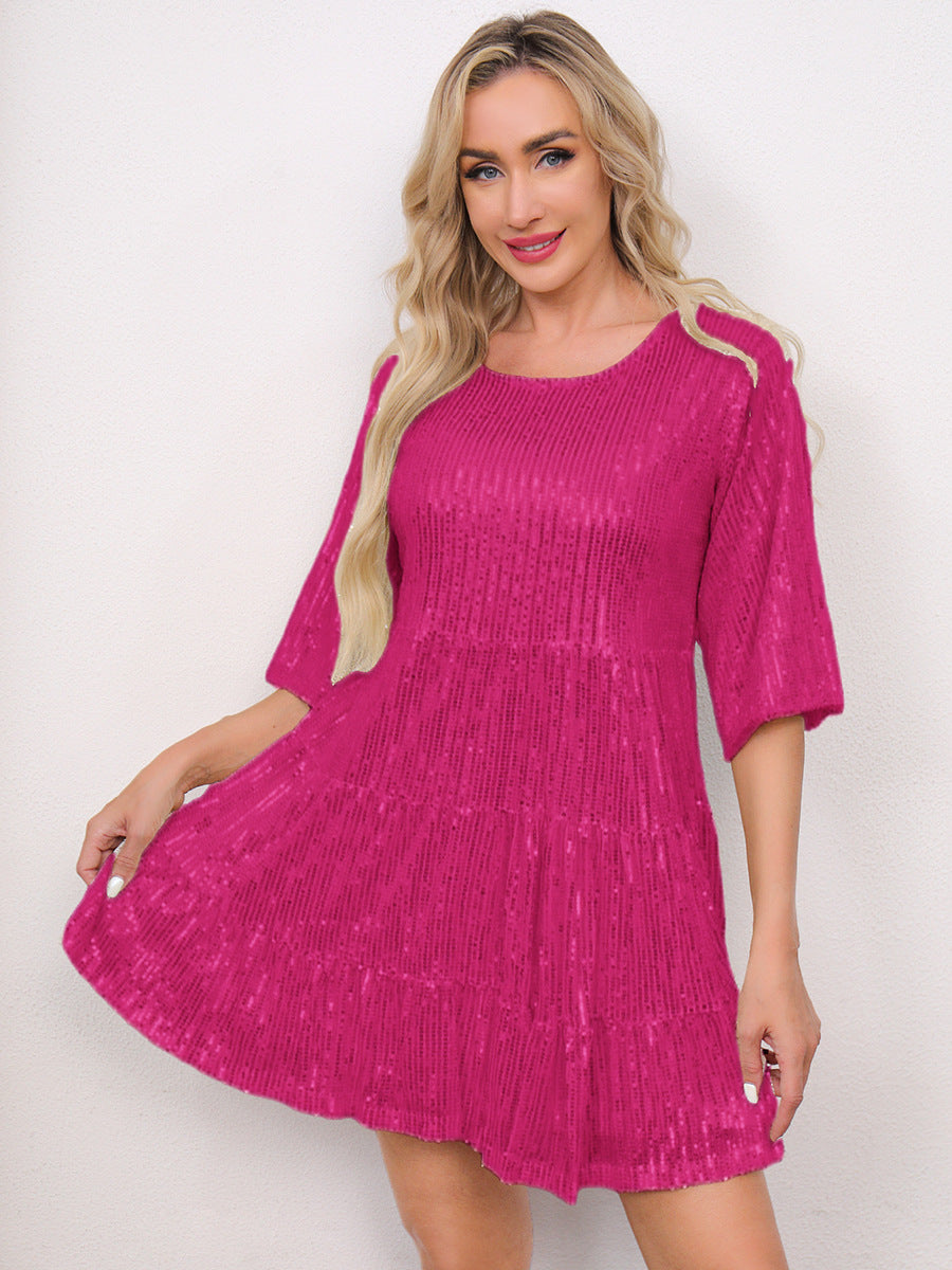 Fashion Solid Color Loose Waist Sleeves Sequins Shorts