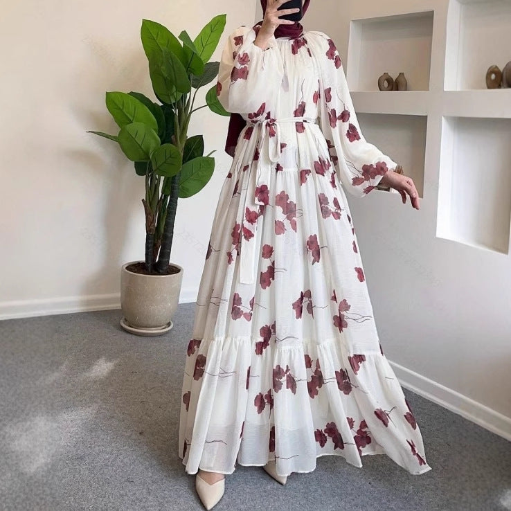 Women's Fashionable Elegant Holiday Round Neck Chiffon Flower With Belt Dress