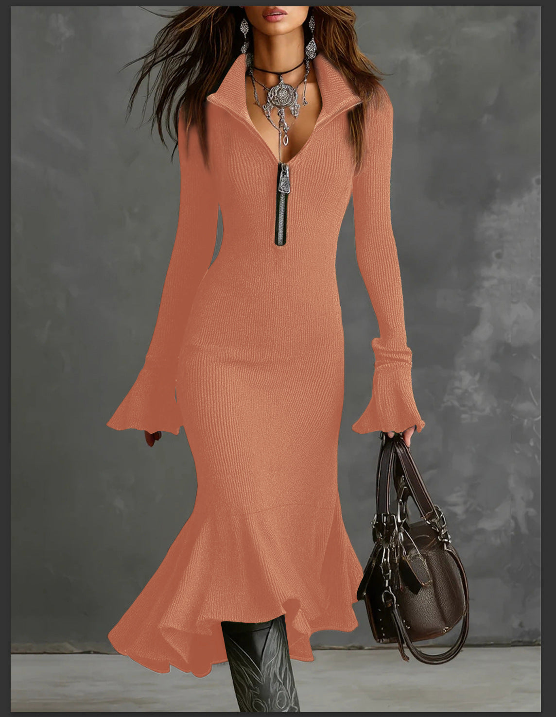 Fashion Elegant Graceful Zipper Lapel Bell Dress