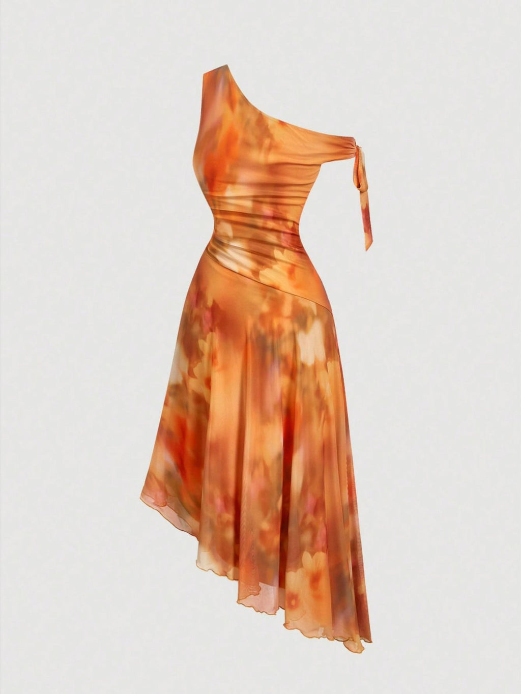 Summer Wear Elegant Asymmetric Shoulder Mesh Floral Print Dress