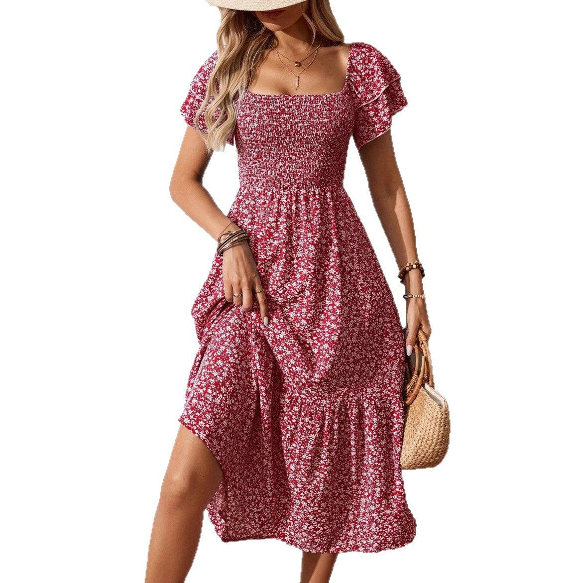 Women's Smocking Sleeve Square Collar Floral Long Dress