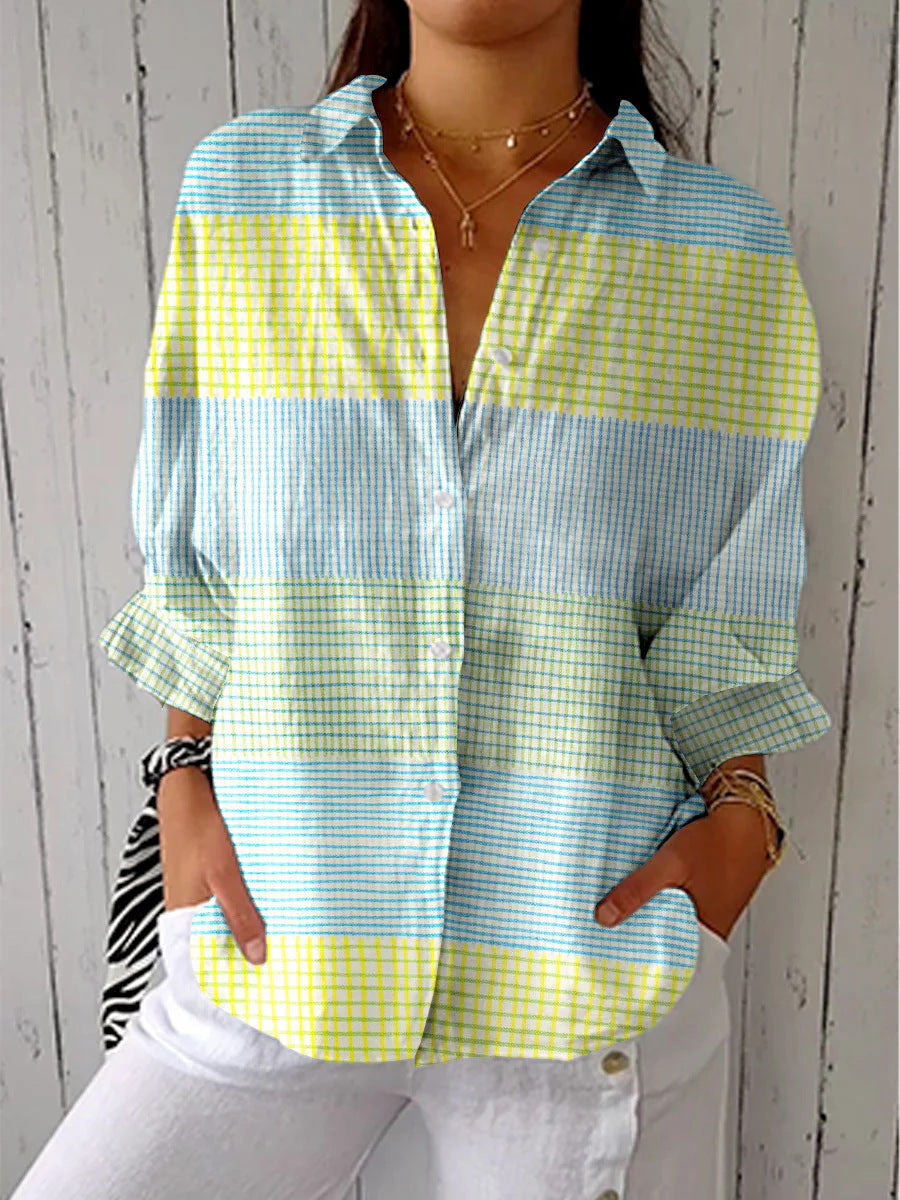 Women's Digital Printing Lapel Long Sleeve Linen Blouse