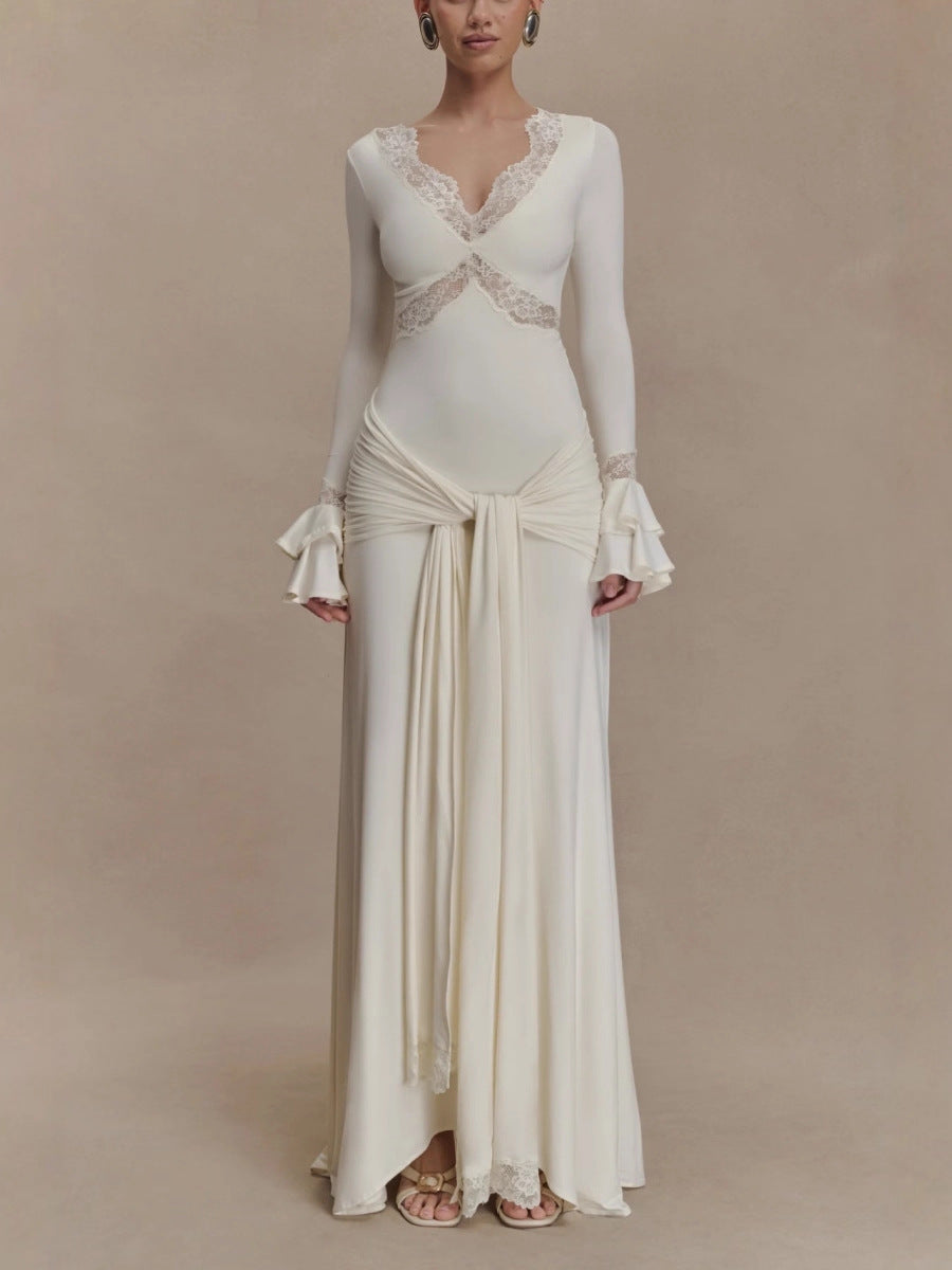 Women's Long Sleeve Lace Patchwork Flared Sleeves Ribbon Dress