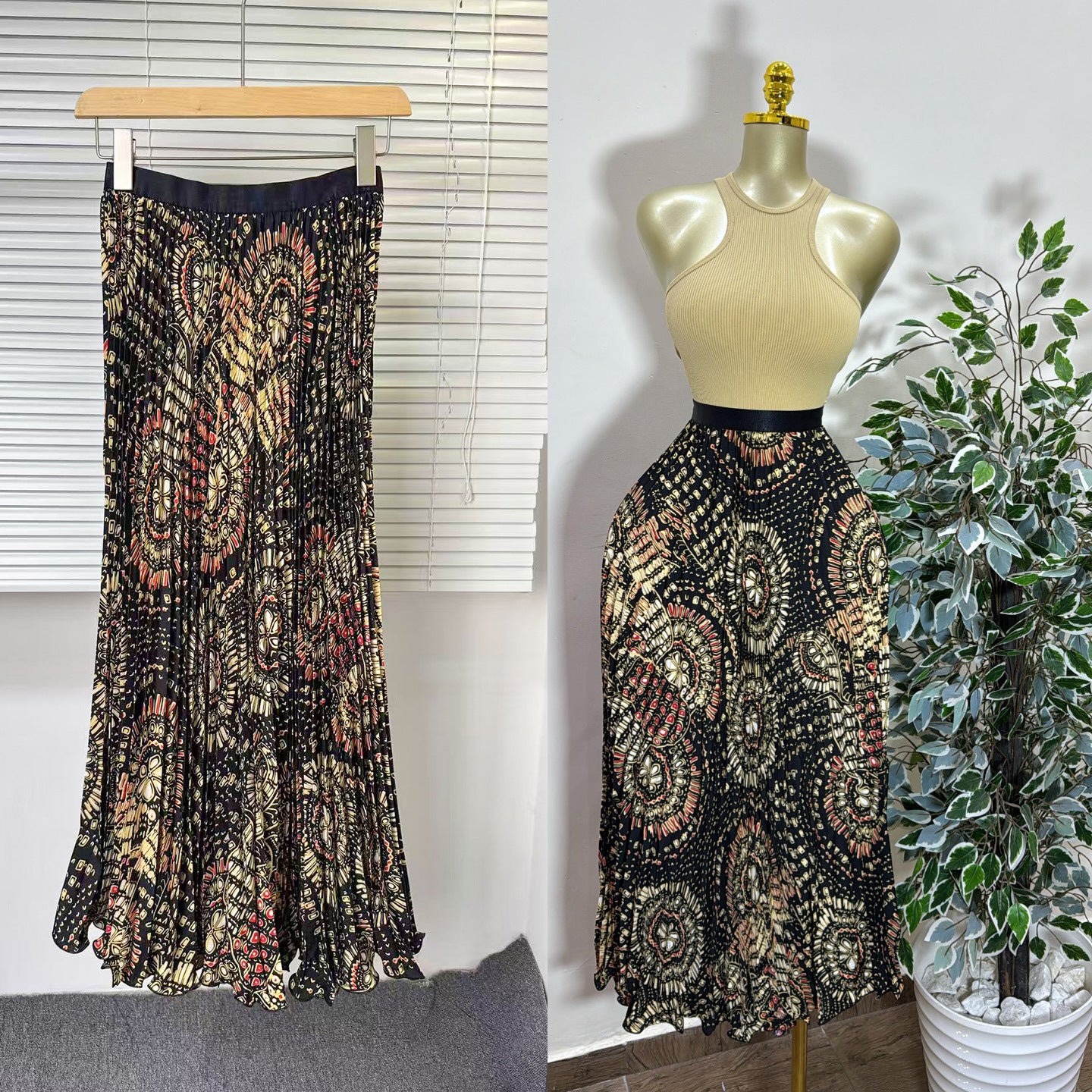 Women's Retro Printed High Waist A- Line Mid-length Pleated Large Hem Skirt