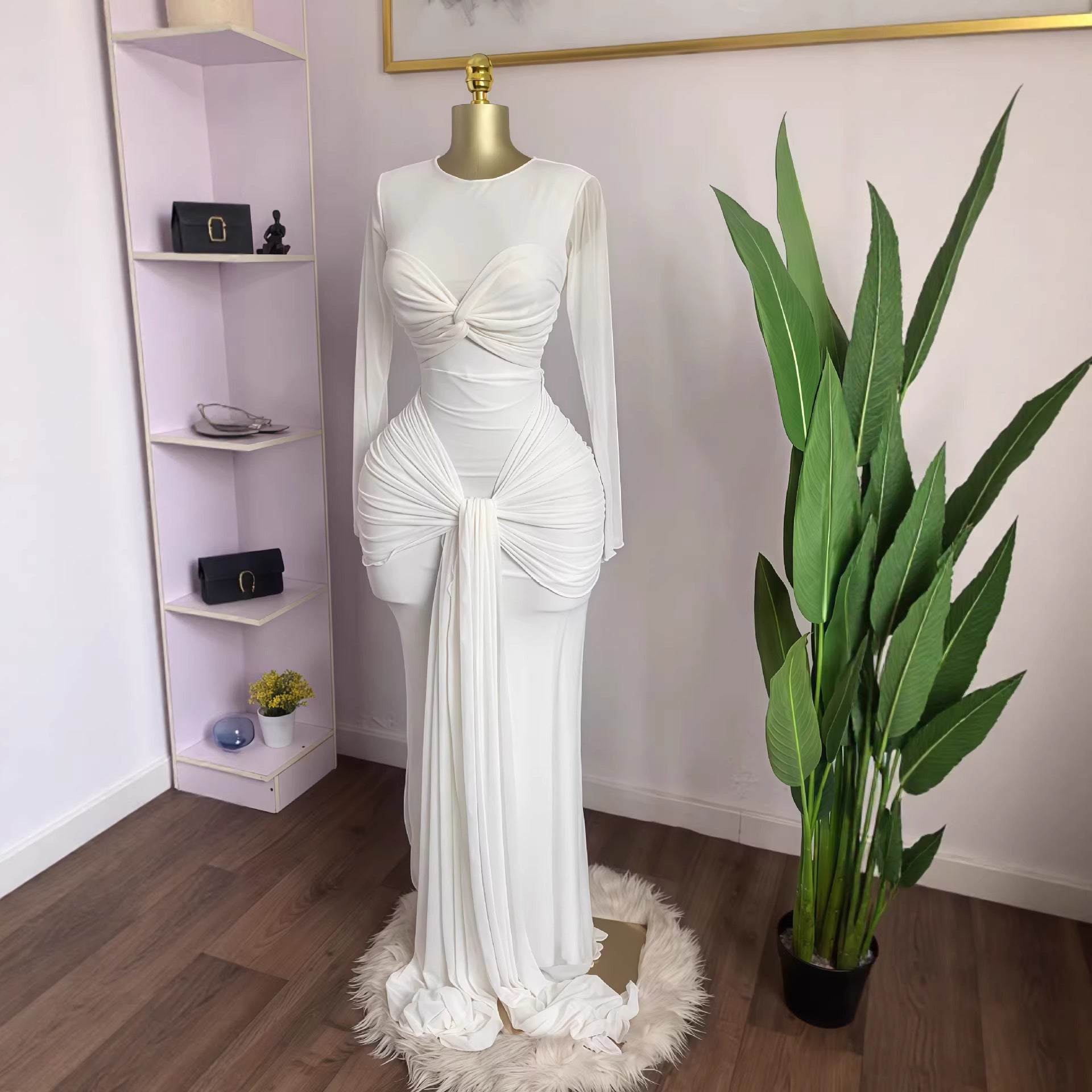 Women's Spring Solid Color Long Sleeve Round Dress