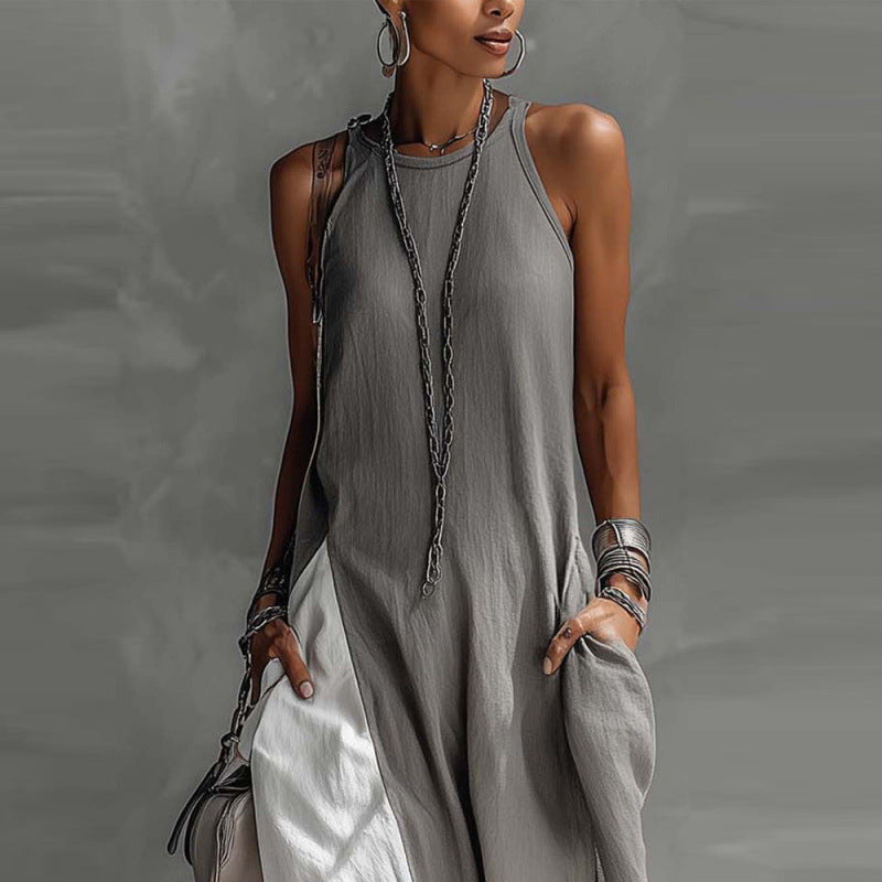 Women's Sleeveless Loose Pockets Contrast Color Casual Dress