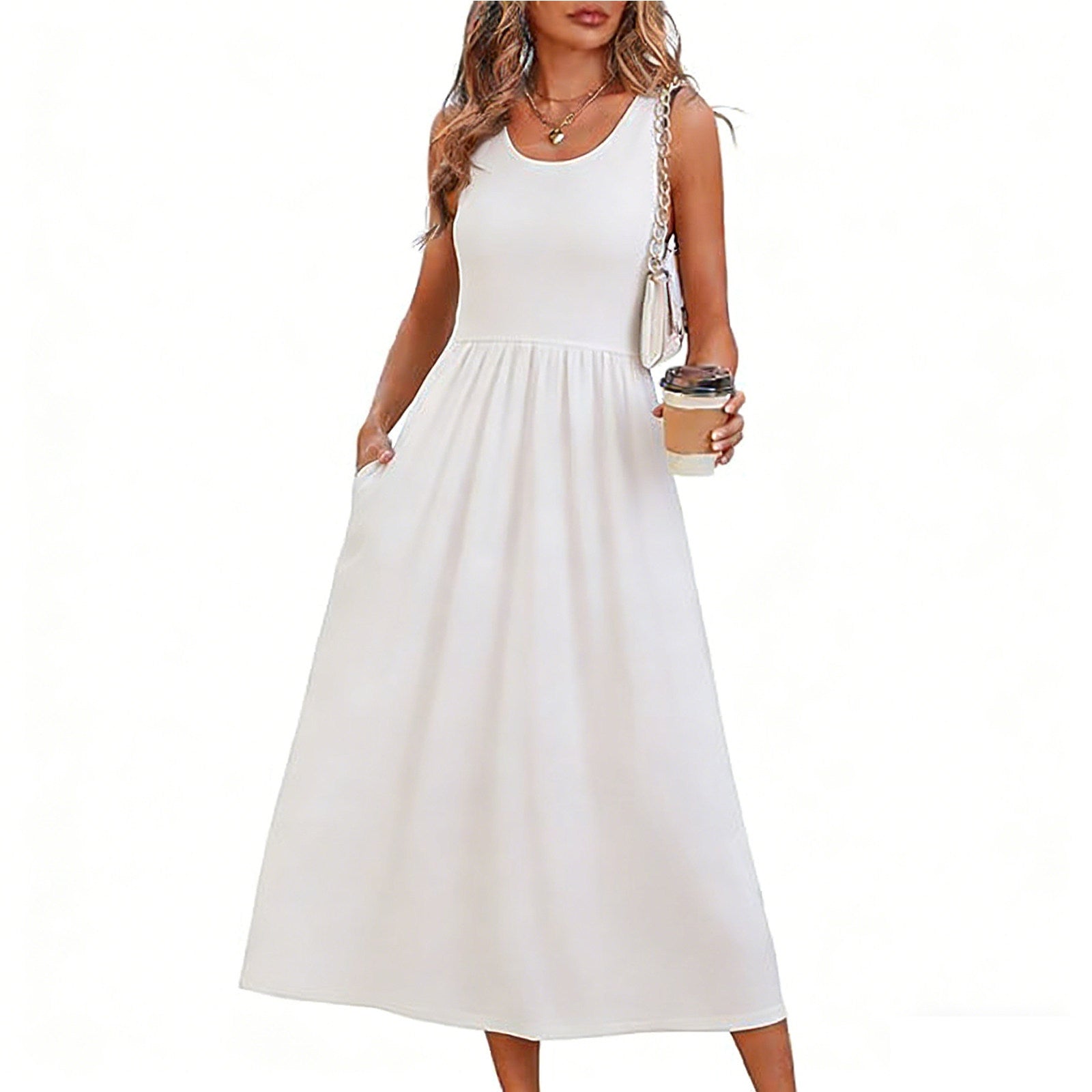 Women's Summer Printed Large Swing Sleeveless Pocket Dress