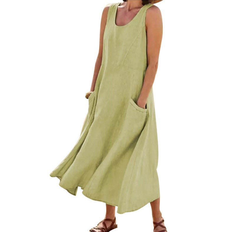 Women's Summer Retro Sleeveless Solid Color Cotton Linen Dress