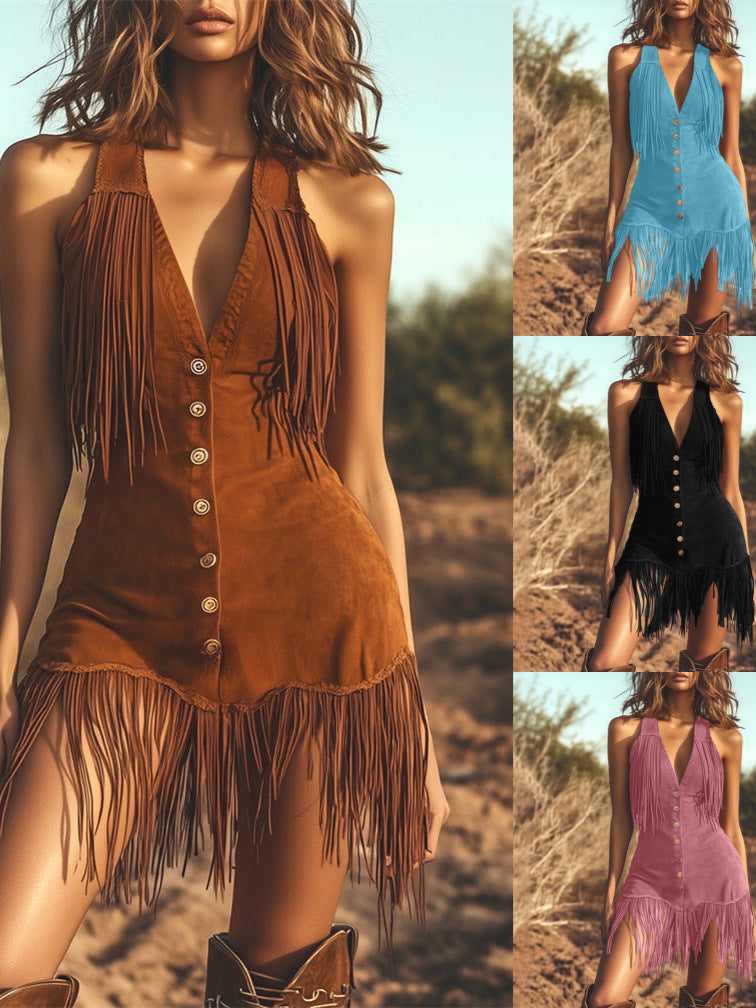 Women's Sexy Deep V Strap Cut Tassels Dress
