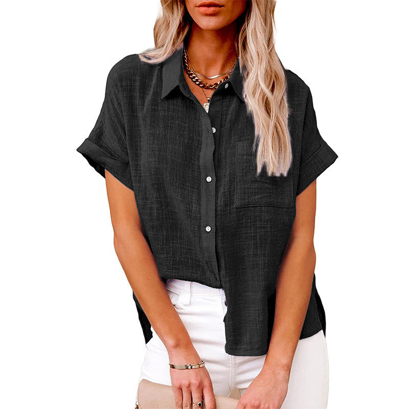 Women's Summer Solid Color Shirt Sleeve Cotton Casual Blouse