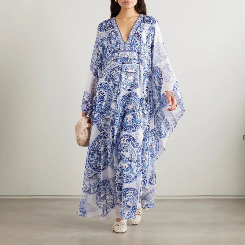 Women's Summer Blue White Porcelain Printed Loose-fitting Plus Size