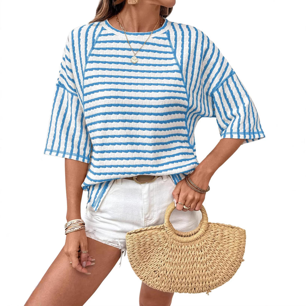 Women's Summer Pullover Simple Striped Half Sleeve Women's T-shirt