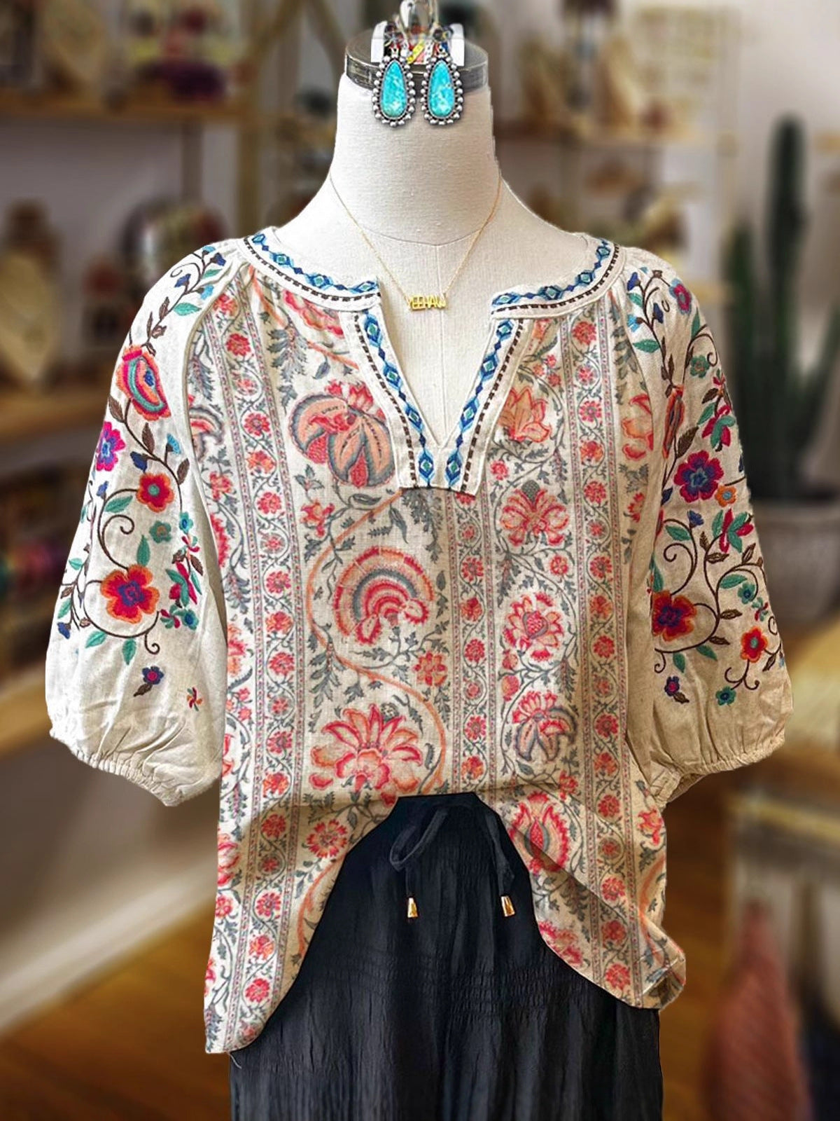 Women's Ethnic Retro Literary Flower Printing Loose Casual Daily Sleeve Blouse