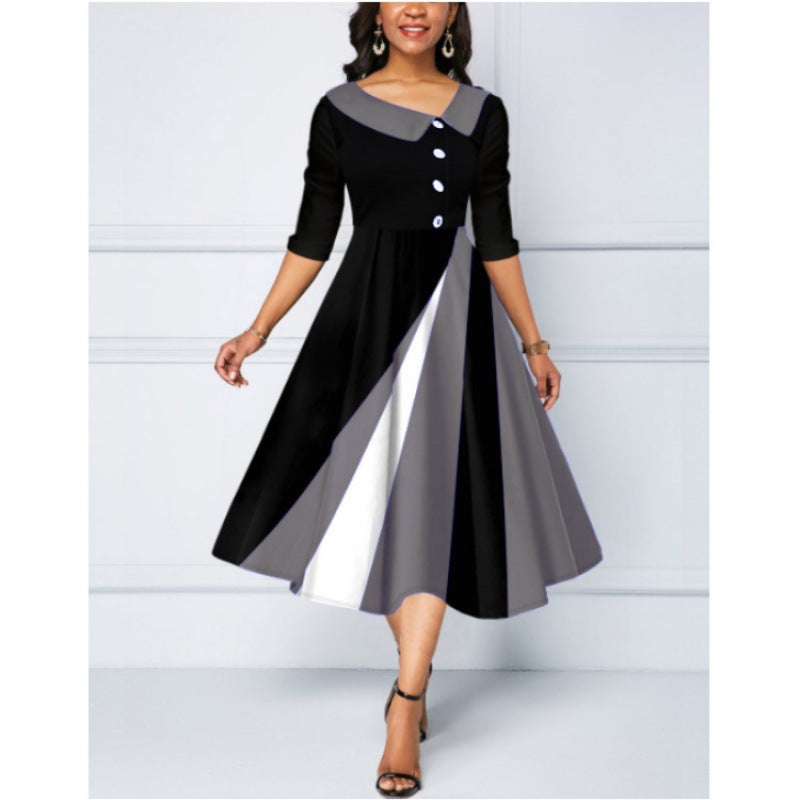 Women's Fastener Decoration Printed Large Swing Sleeve Dress