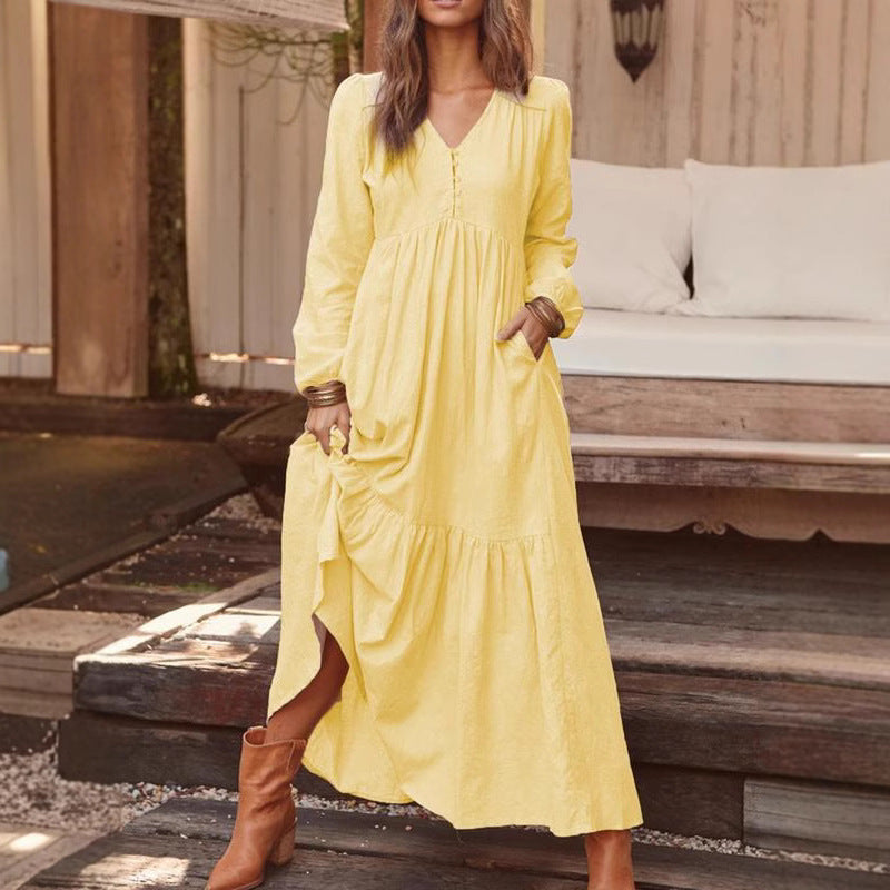 Women's Button Cotton Linen Retro Casual Long-sleeved Large Dress