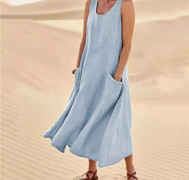 Women's Summer Retro Sleeveless Solid Color Cotton Linen Dress