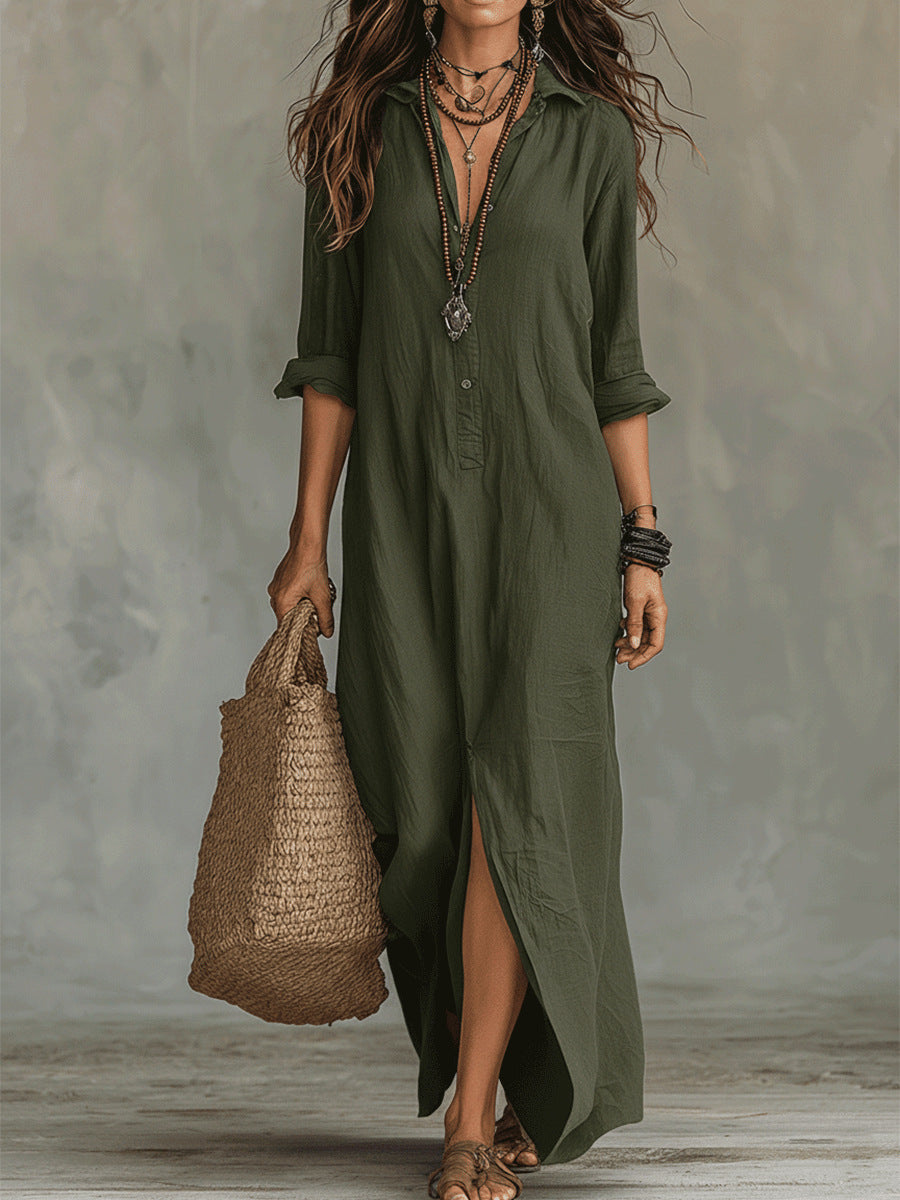 Casual Solid Color Polo Collar Front Dress