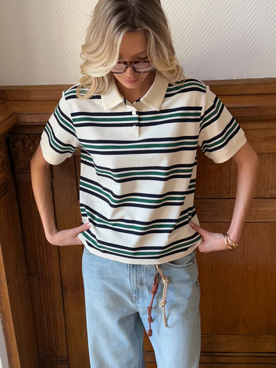 Women's Beauty Retro Contrast Color Striped Shirt Loose Sleeve Women's T-shirt