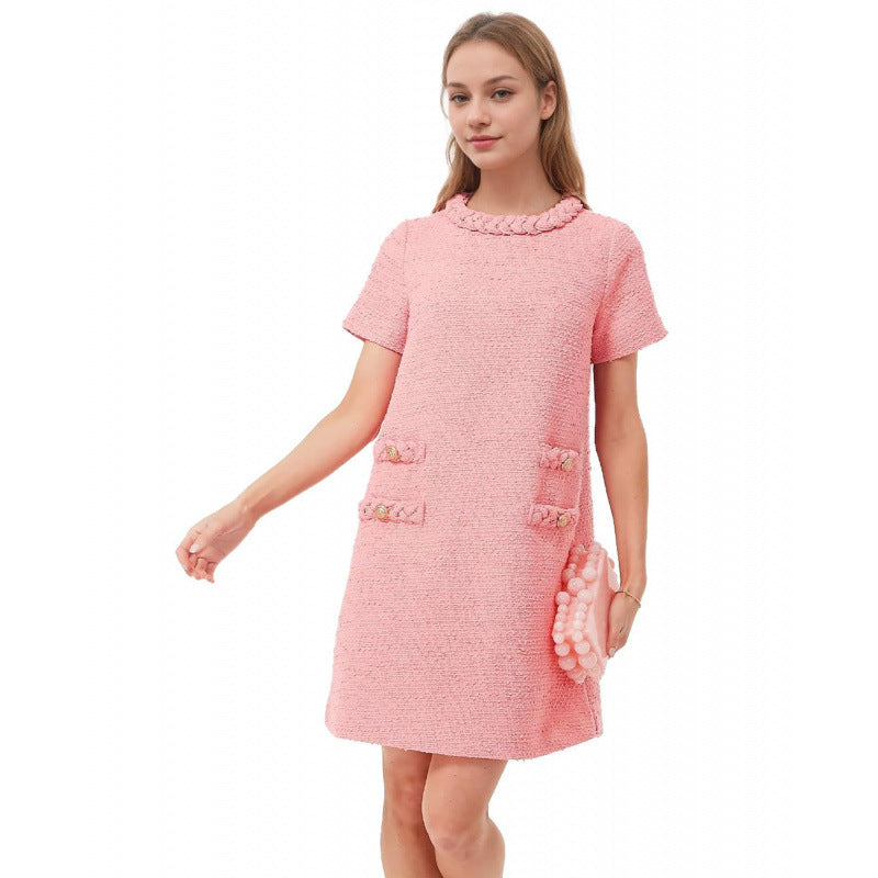 Women's Style Tweed Jack Elegant Round Neck Sleeve Button Shorts