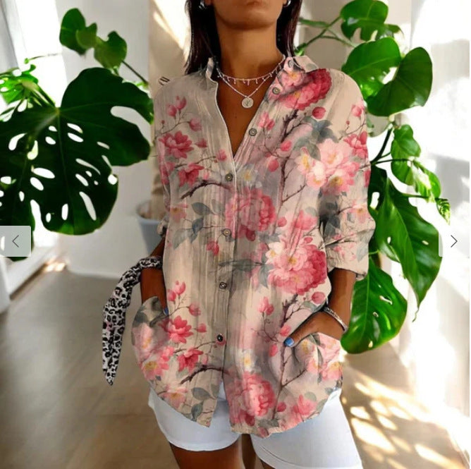 Women's Color Matching Printed Pattern Autumn Casual Loose Shirt Blouse