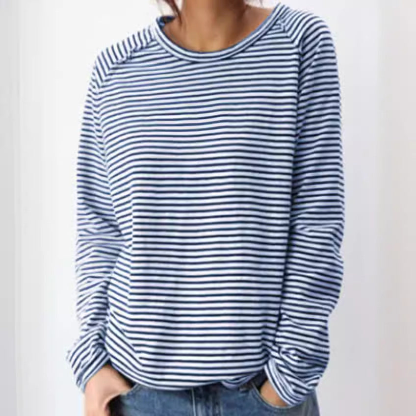 Women's Casual Loose Round Neck Raglan Long Sleeve Striped Printed Women's T-shirt