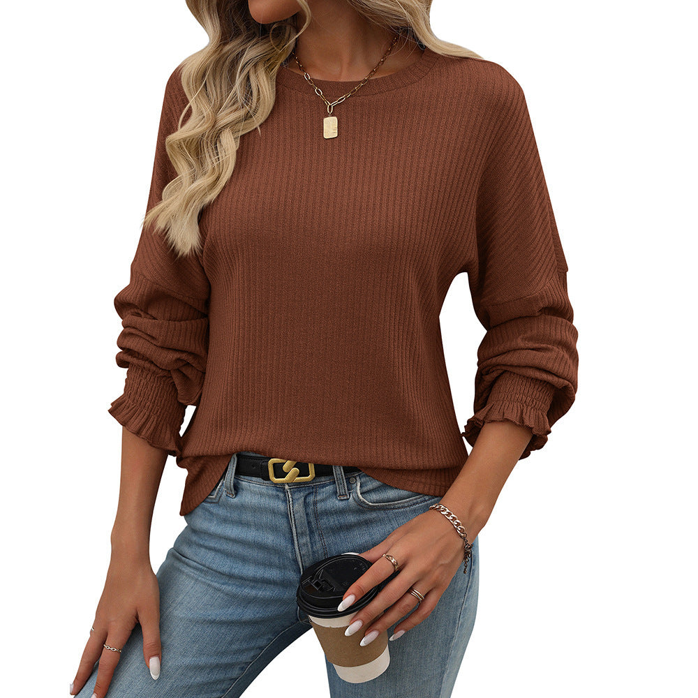 Women's Loose Casual Sunken Stripe Long-sleeved Women's T-shirt