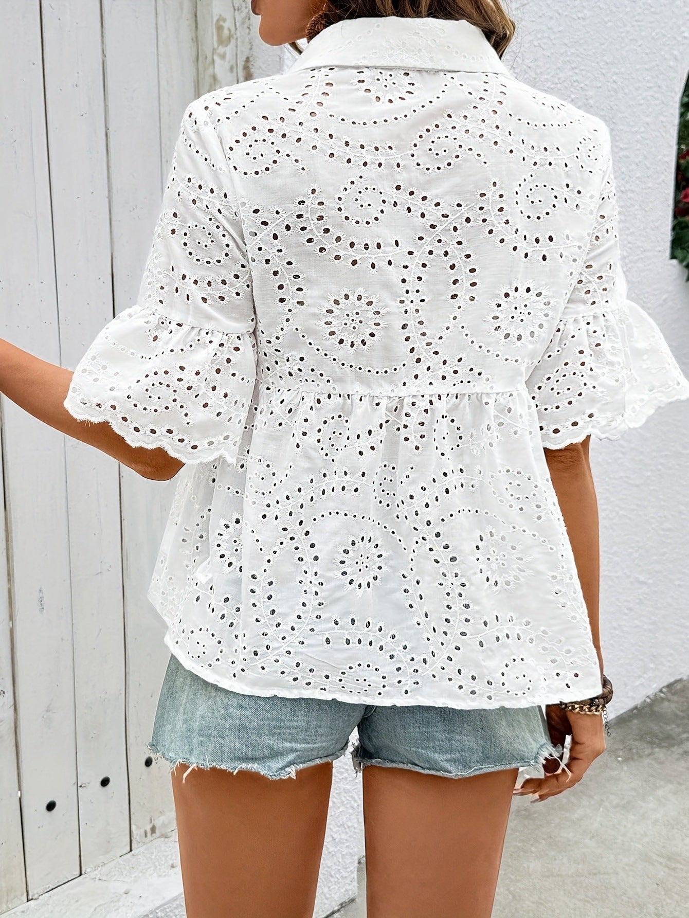 Women's Summer Lapel Hollow Embroidery Short-sleeved Shirt French Casual Blouse