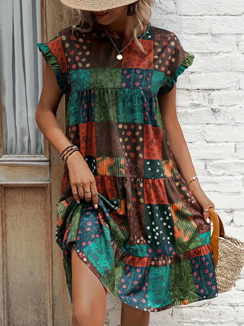 Women's Stitching Printing Batwing Sleeve Ruffled Dress
