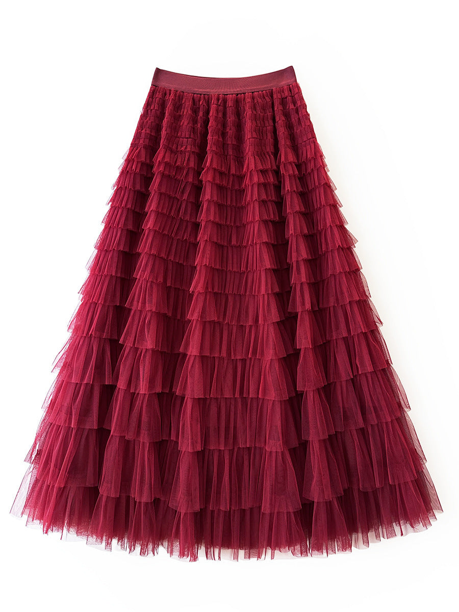 Women's Long Autumn Elegant Solid Color High Waist Net Yarn Cake Skirts