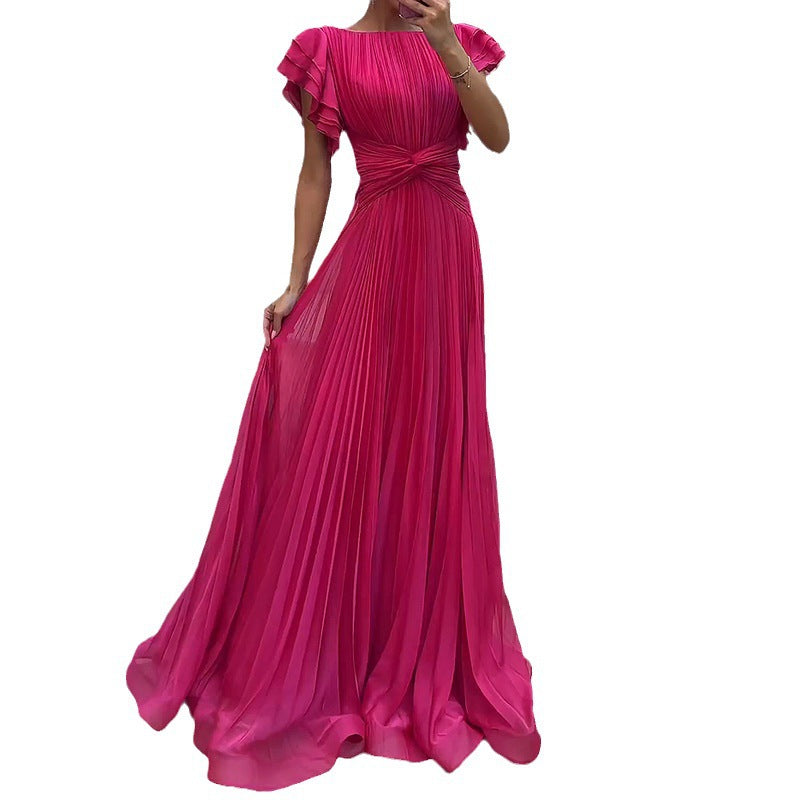 Fashion Round Neck Pleated Cross Solid Dress