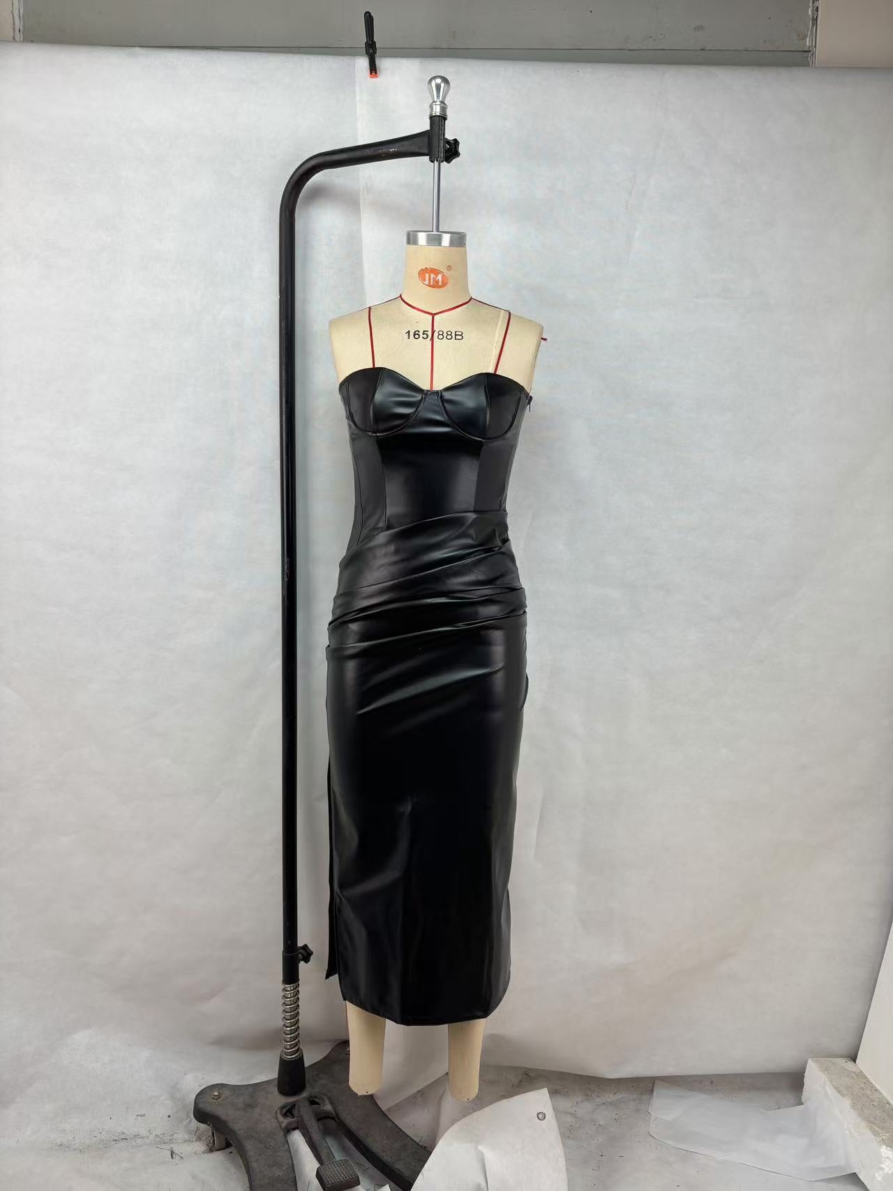 Women's Elegant Leather Hot Tube Strap Fold Dress