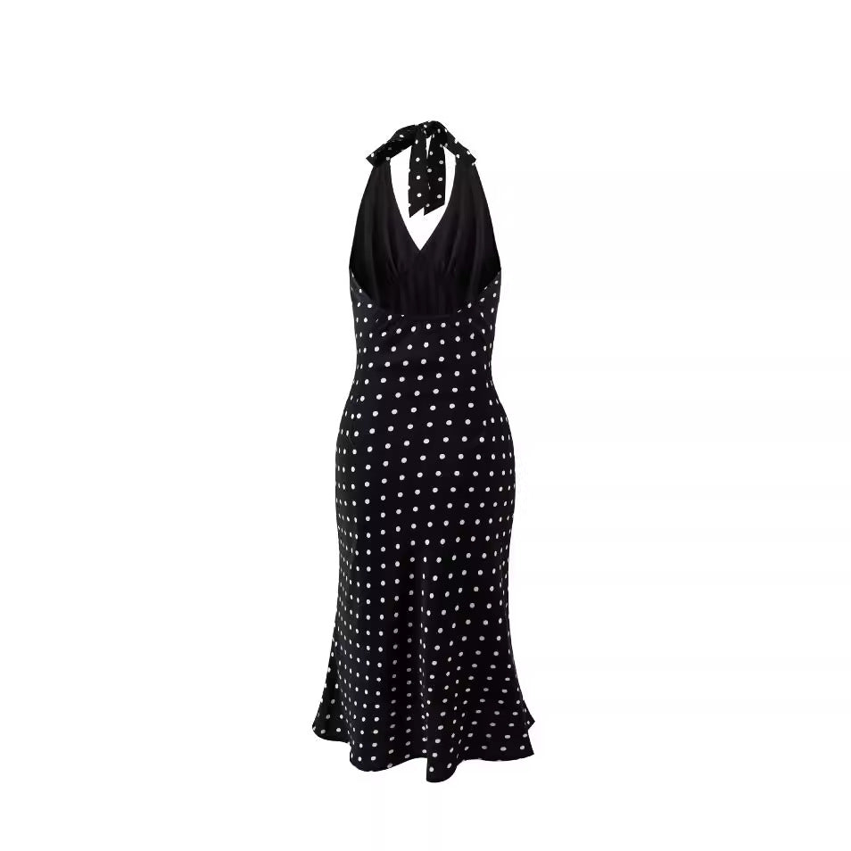 Style Polka Dot Printed Lace Up Halter Dress