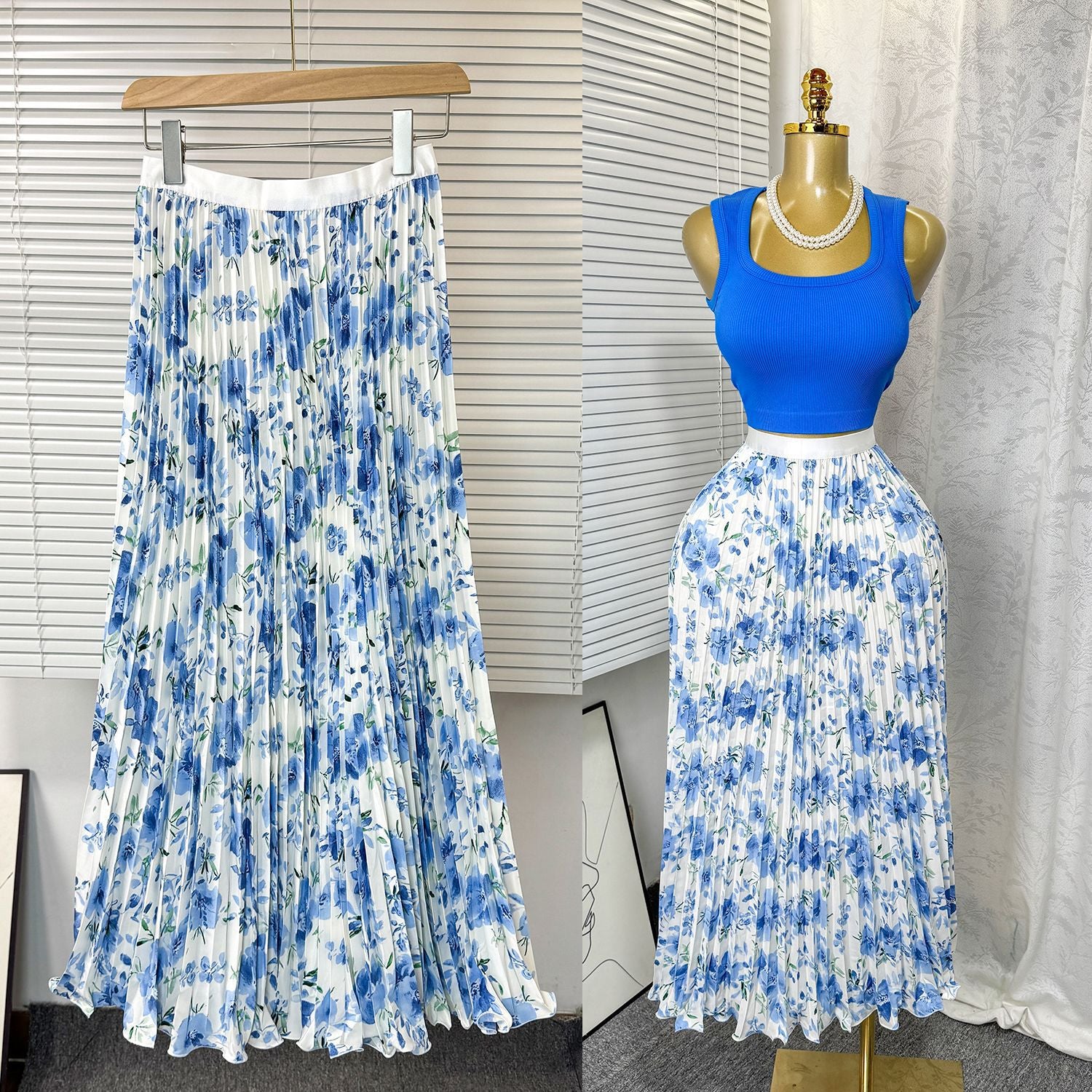 Women's Retro Printed High Waist A- Line Mid-length Pleated Large Hem Skirt