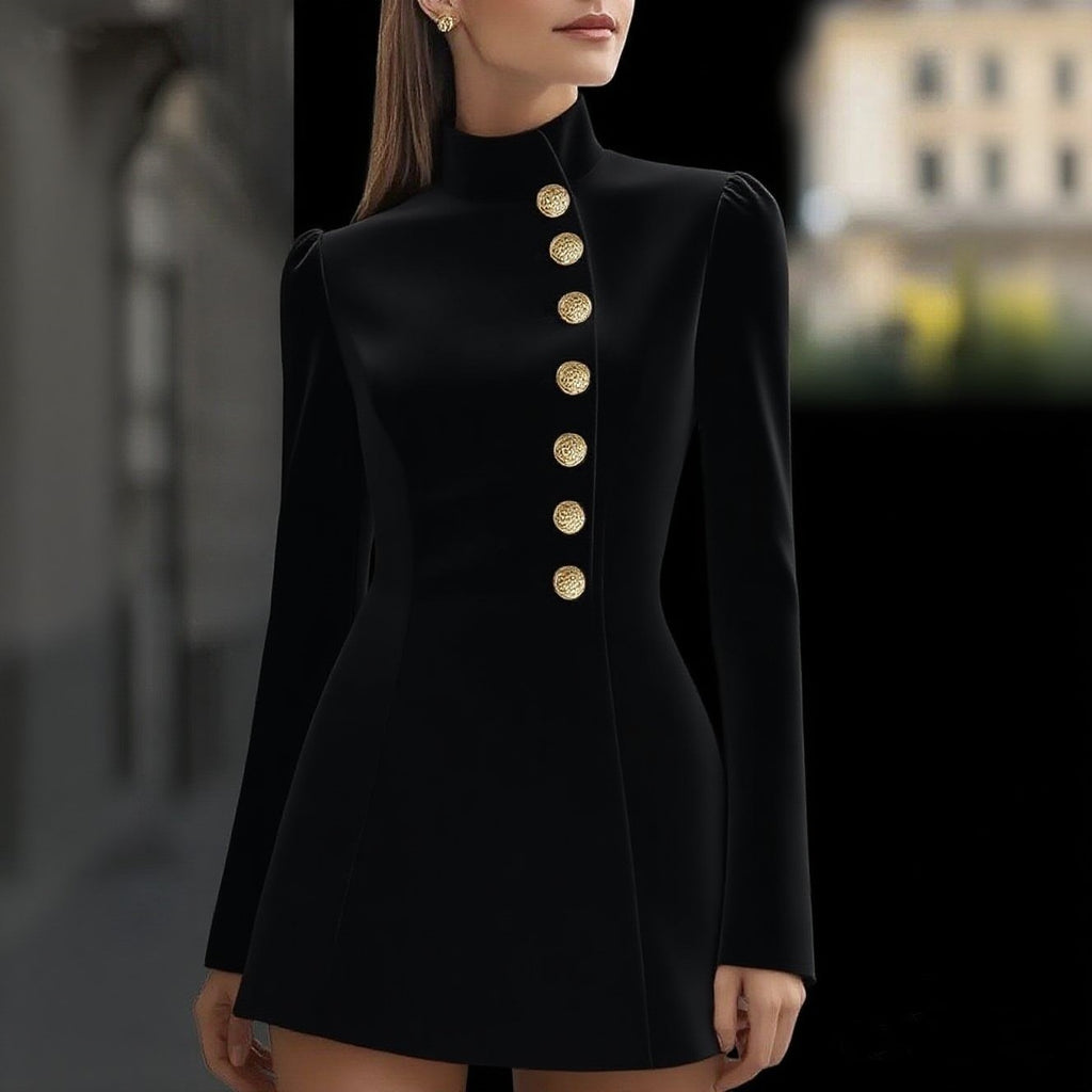 Women's Autumn Elegant Solid Color Sleeve Stand Collar Single-breasted Dress