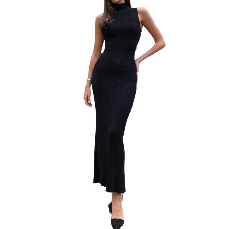 Women's Knitted Turtleneck Sleeveless Tight Midi Elegant Dress