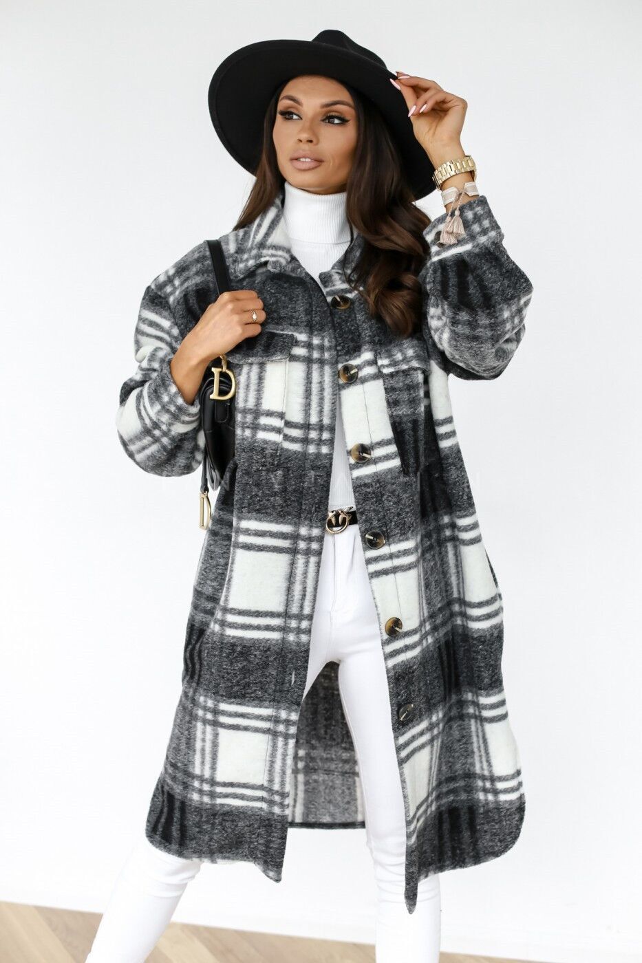 Women's Long-sleeved Plaid Printed Mid-length Shirt Blouse