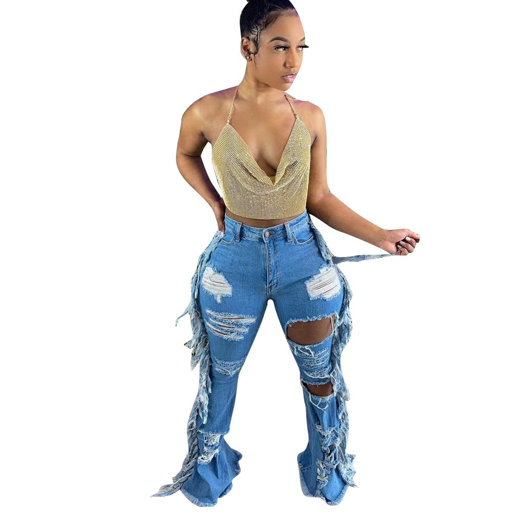 Summer Long With Holes Washed Tassels Women's Jeans
