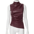 Women's Leather Cascading Collar Personalized Oblique Sleeveless Women's T-shirt