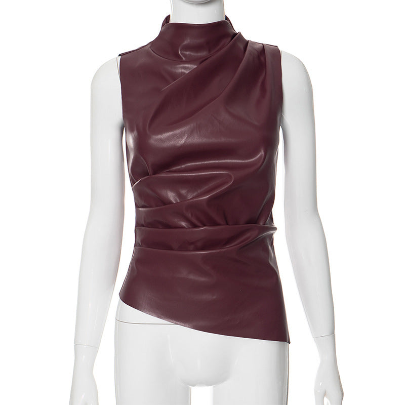 Women's Leather Cascading Collar Personalized Oblique Sleeveless Women's T-shirt