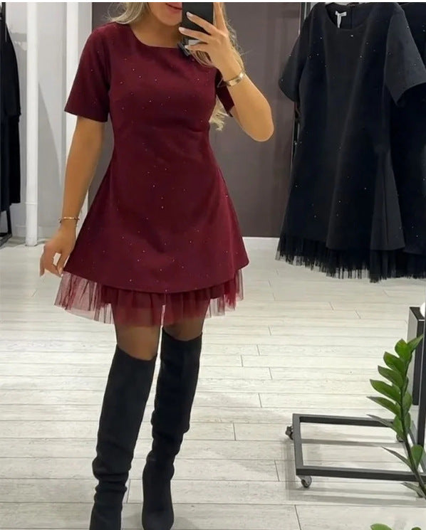 Women's Hem Mesh Pleated Solid Color Commute Dress