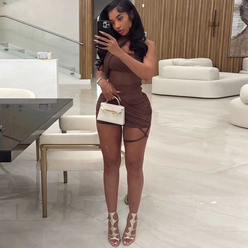 Pure Color Mesh Stitching Personality Street High Waist Figure Dress