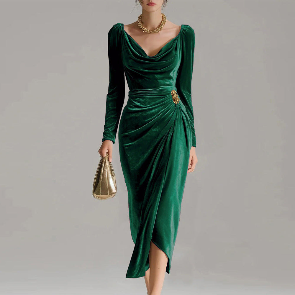 Women's Gold Veet Sexy Slimming Long Sleeves Pleated Slit Dress