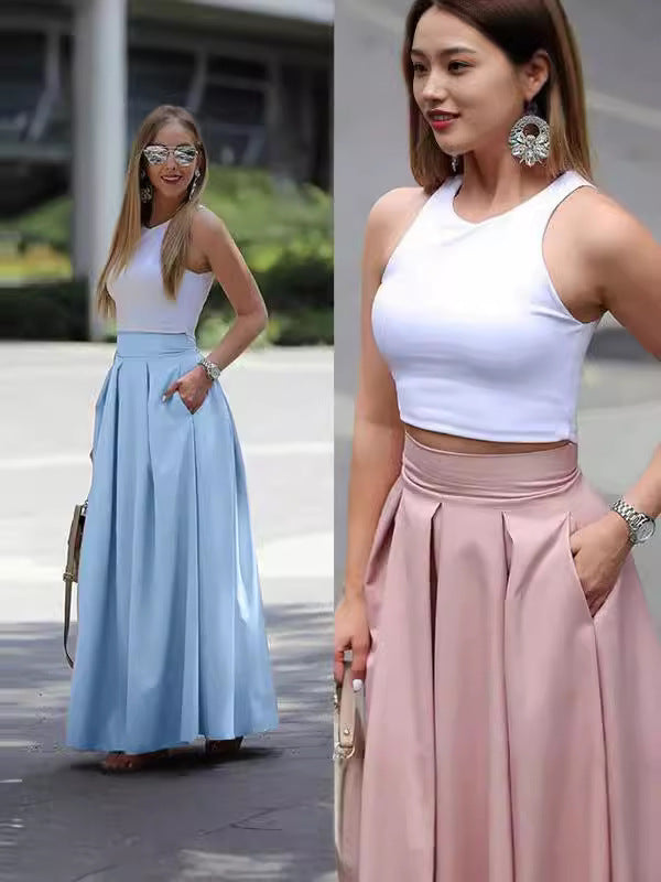 Women's Solid Fashion High Waist Pleated Maxi Skirt