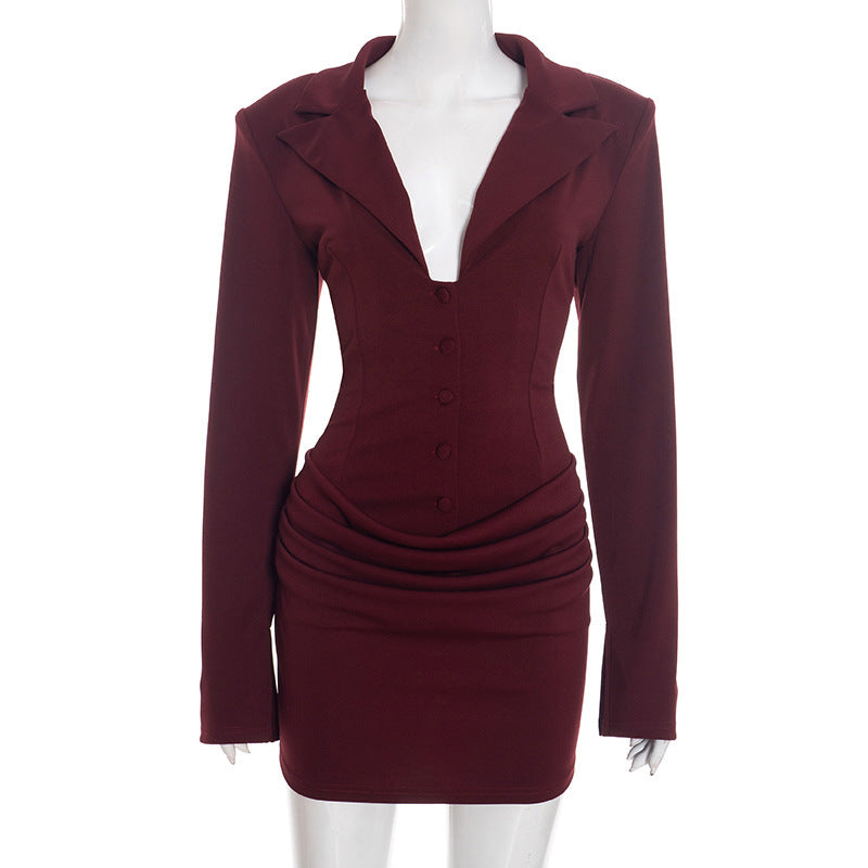 Women's Winter Casual Solid Color Deep Double-breasted Dress