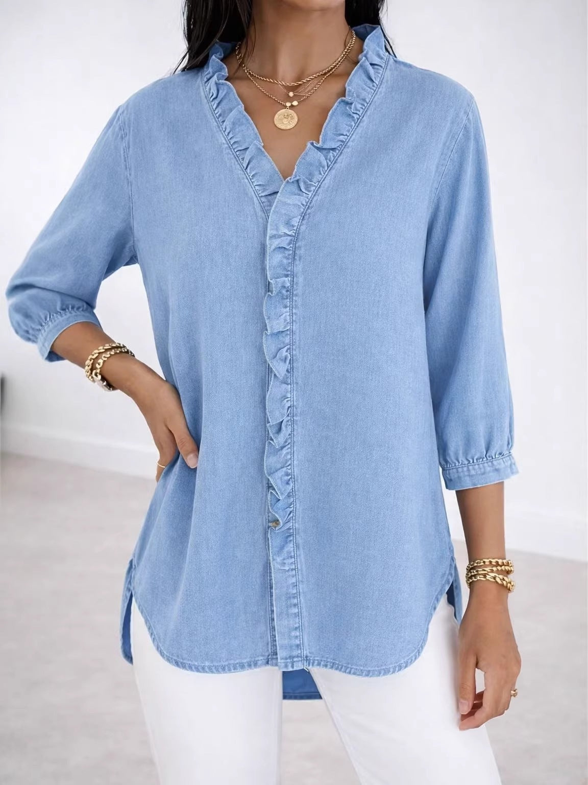 Women's Ruffled Casual Shirt Imitation Denim Ladies Blouse