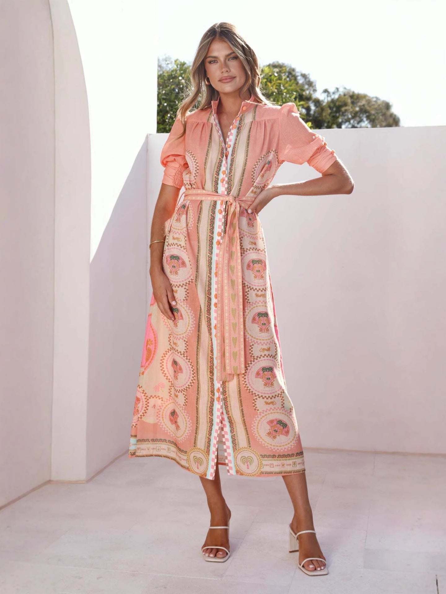 Graceful Fashionable Linen Stand-up Collar Cinched Dress
