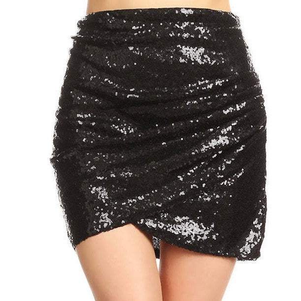 Fashion Pleated Hem Tight Sequined Beads Sheath Skirt