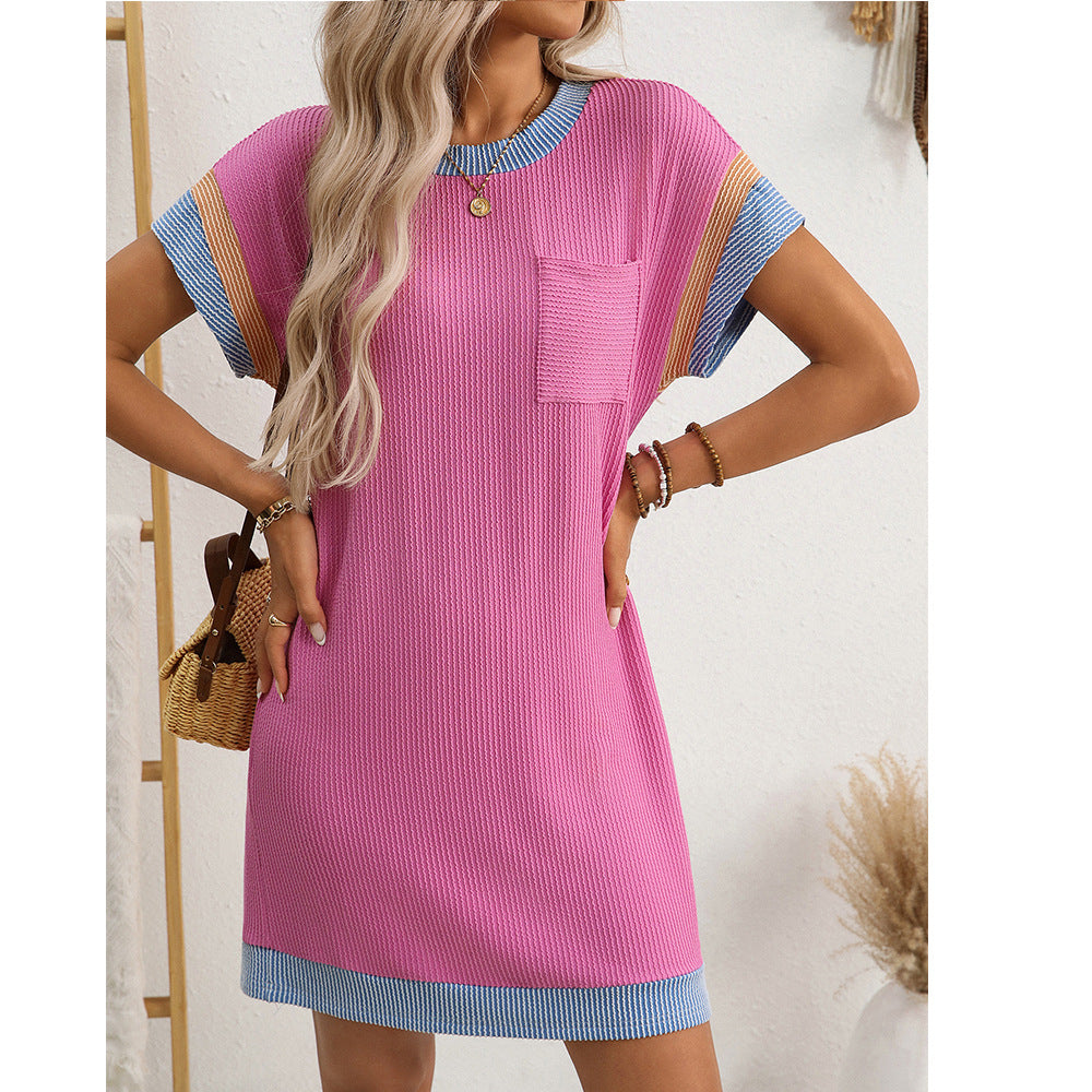 Women's Summer Casual Contrast Color Twist Strip Sleeve Dress
