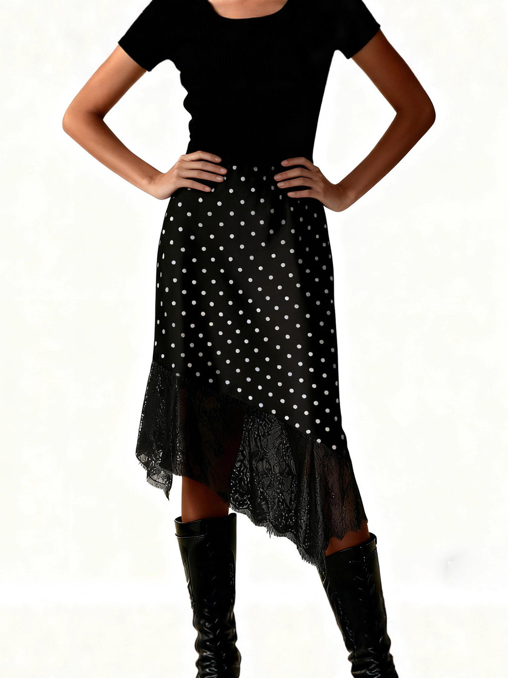 Women's Lace Stitching Summer Solid Color Satin Skirt