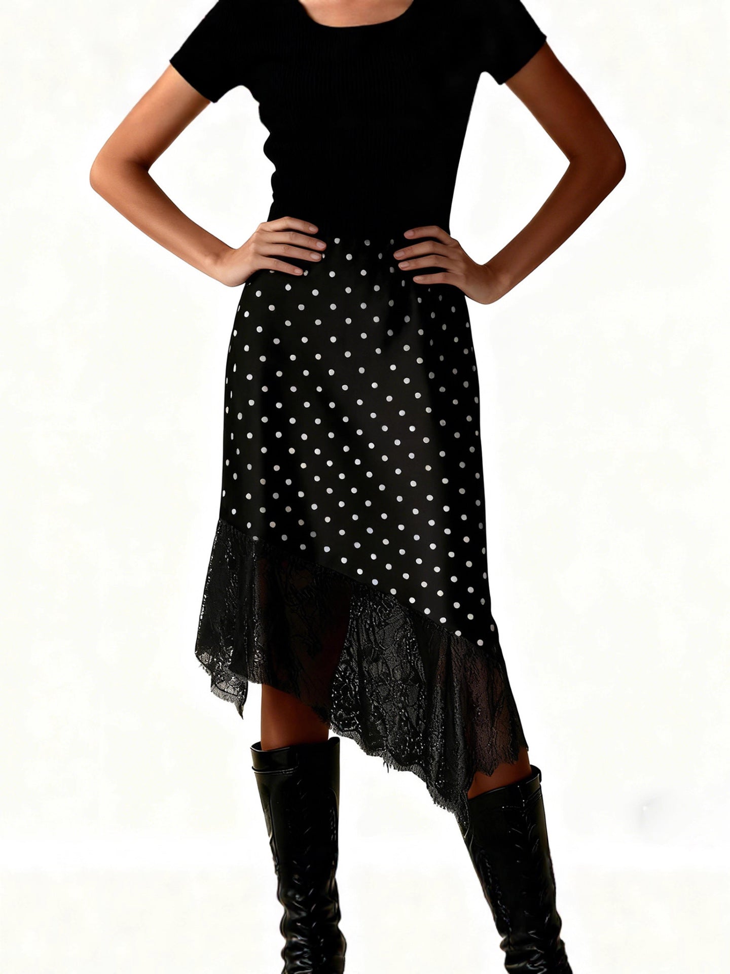 Women's Lace Stitching Summer Solid Color Satin Skirt